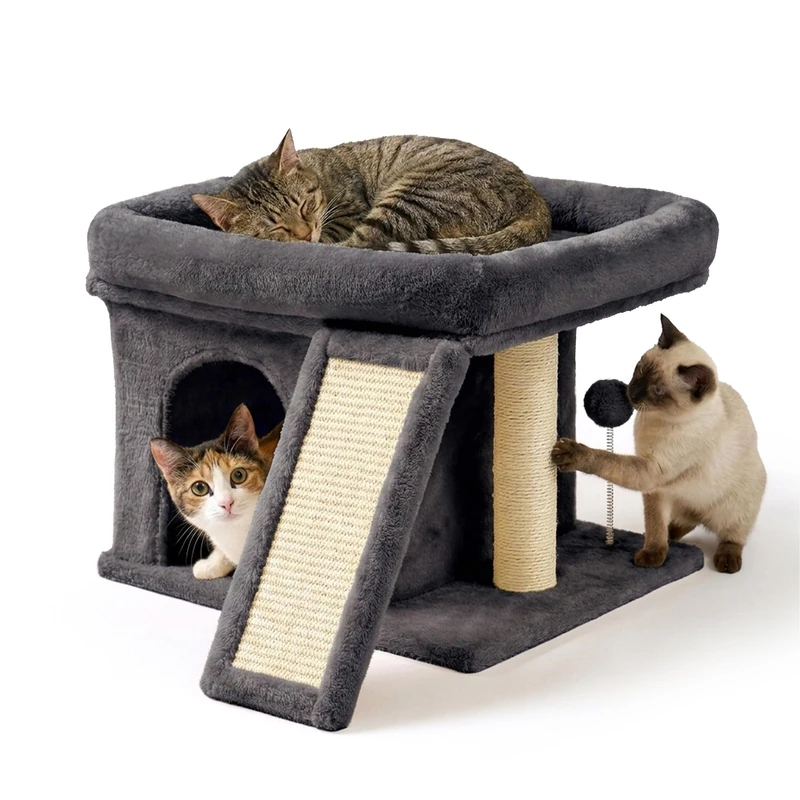 Relaxdays Cat Tree, with cave, scratching board & resting area, dark grey