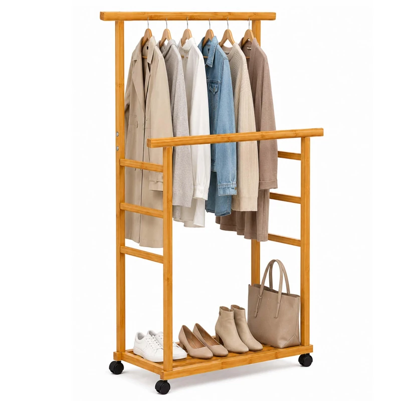 Relaxdays clothes rack with castors, bamboo, 2 clothes rails, shoe shelf, HxWxD: 148 x 80 x 36cm, natural
