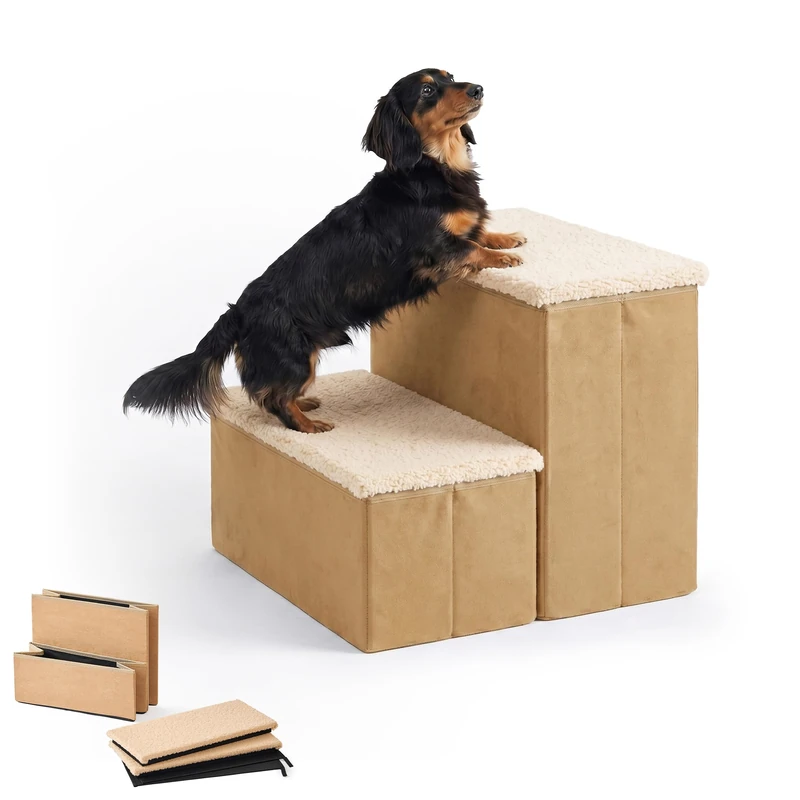 Relaxdays dog steps, 2 steps, storage space, HxWxD: 32 x 40 x 35 cm, beige