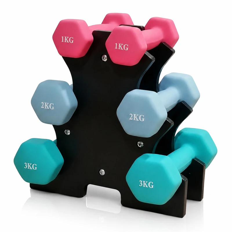 Relaxdays Dumbbell Set, 3 pairs; 1–3 kg, cast iron, coated, non-slip, incl. stand, multicoloured