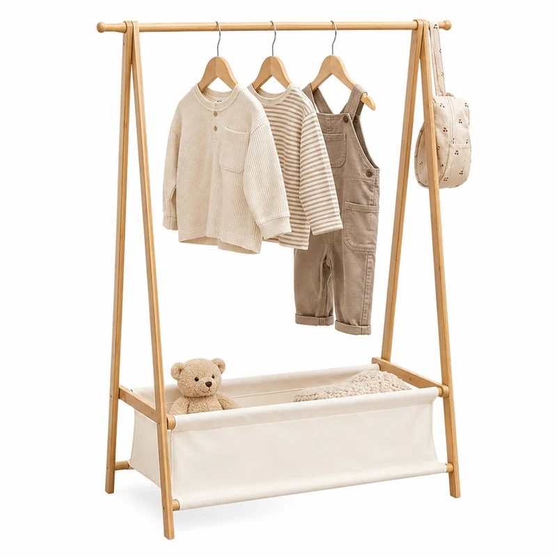 Relaxdays Kids Clothes Rail Bamboo, HxWxD 106 x 86 x 36 cm, fabric basket, coat rail, children's wardrobe, natural/white