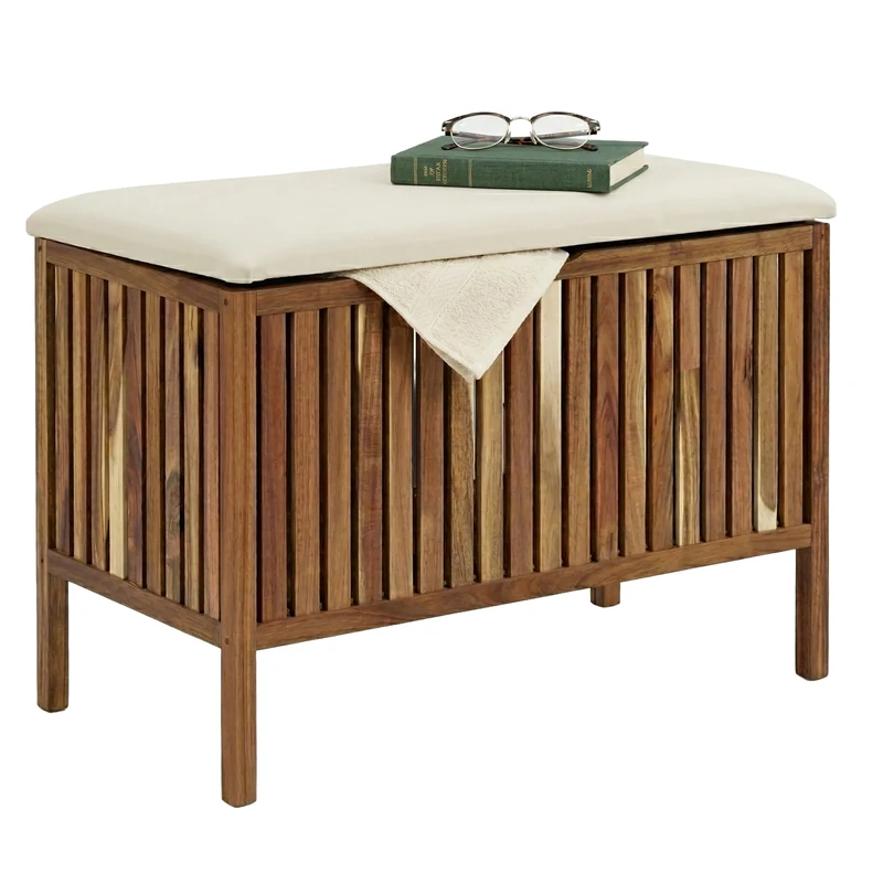 Relaxdays laundry storage bench with seat, 80 L hamper, 56 x 78 x 39 cm, acacia wood & fabric, brown/white