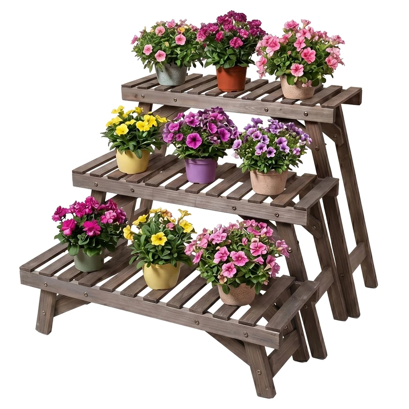 Relaxdays Flower Stand, 3-piece set, height: 19.5 / 33 / 49 cm, brown