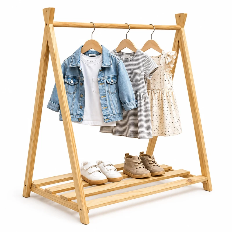 Relaxdays Kids' Clothes Stand, Pine, Rail & Shelf, H x W x D: 111.5 x 112 x 48 cm, Kids' Room, Natural - Image 1