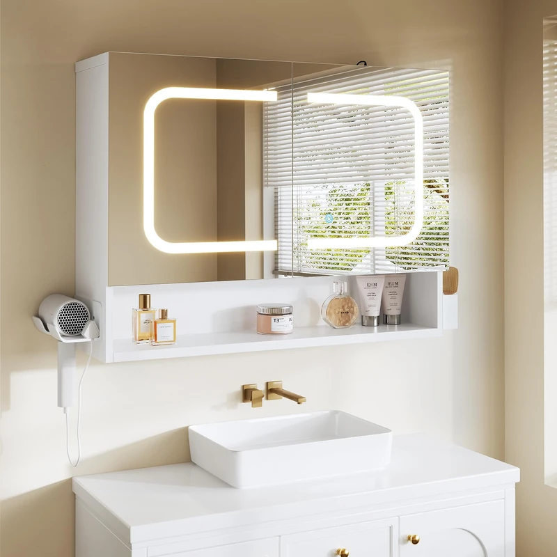 Jocoevol Bathroom Mirror Cabinets with LED Lights, 2-Door Storage Unit, Wall-Mounted Storage Cupboard with Adjustable Shelves, Home Kitchen Living Room Display Organizer Unit, 80×16×60 CM, White