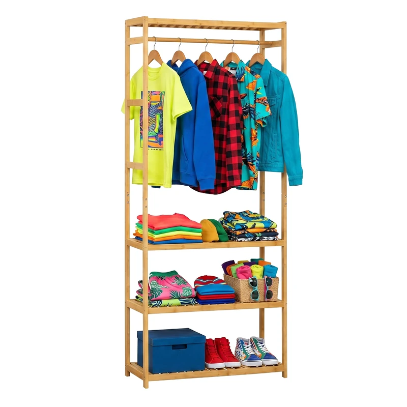 Relaxdays clothes rack, bamboo, 4 shelves, clothes rail, natural