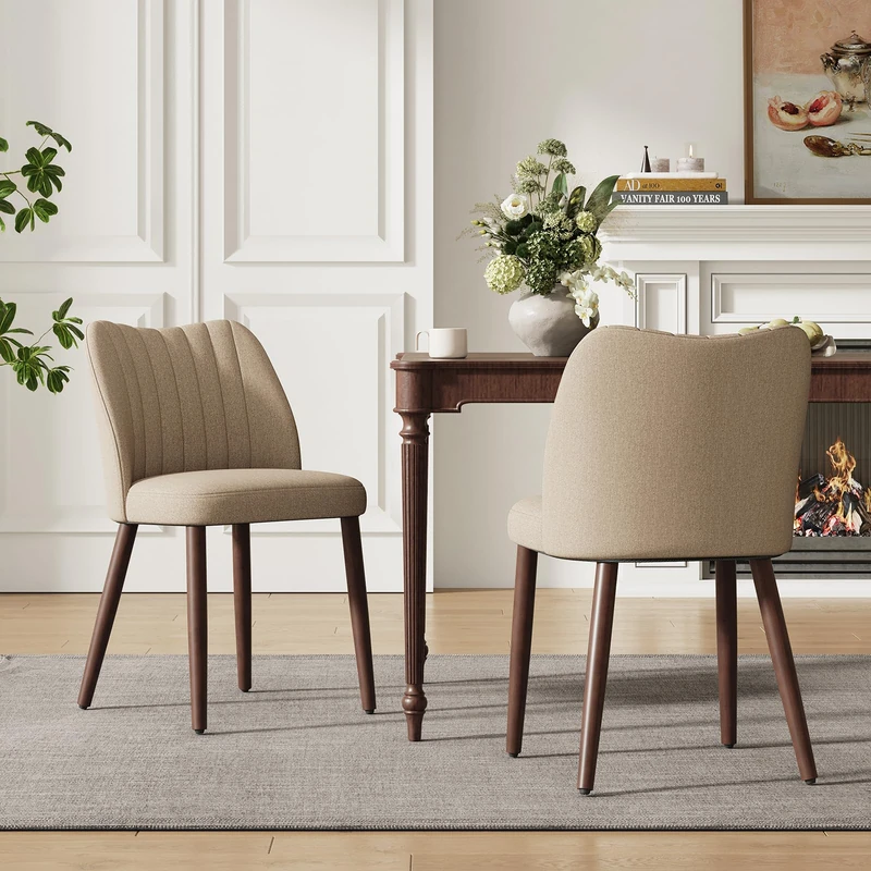 MALOL Upholstered Dining Chairs Set of 2, Fabric Chairs for Dining Room with Solid Wood Legs and Thick Seat Cushion, Modern Kitchen Chair with Anti-Slip Pads, Camel