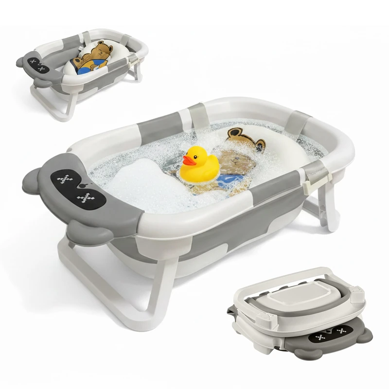 Relaxdays Foldable Baby Bath with Soft Bear Cushion, up to 30 kg, H x W x D: 21.5x71.5x43 cm, Cream/Grey - Image 1