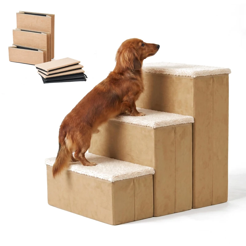 Relaxdays Dog Stairs, 3 steps, storage space, HxWxD: 48 x 40 x 54 cm, beige