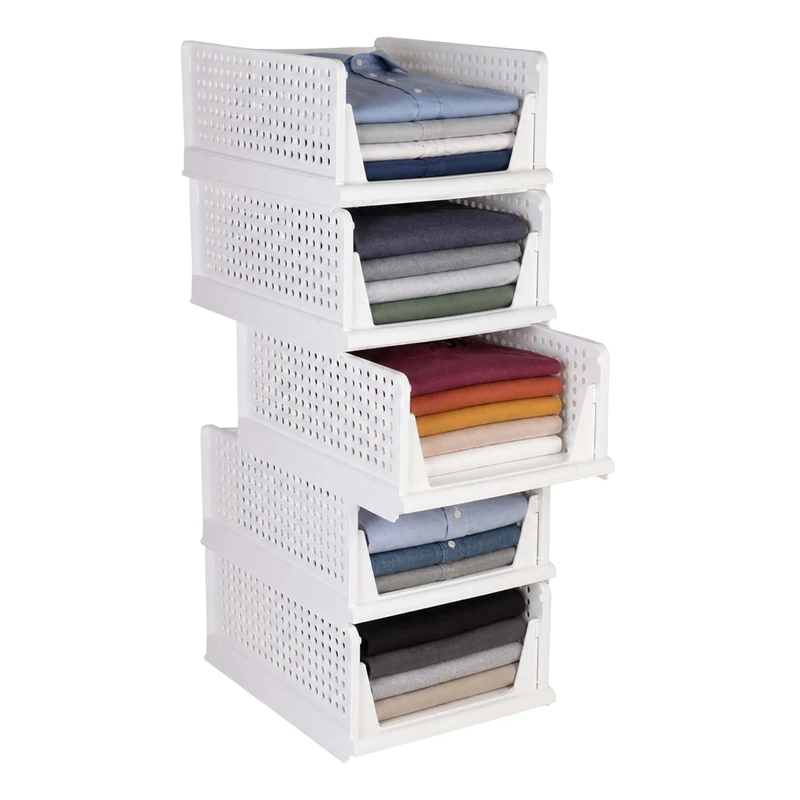 Relaxdays Wardrobe Organiser, set of 5, stackable, H x W x D 18.5 x 33.5 x 43 cm, space-saving storage box, PP, white