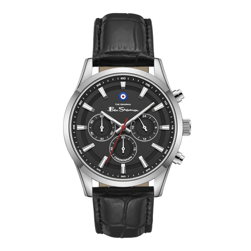 Ben Sherman Cambridge Black Dial Black Genuine Leather Strap Quartz Chronograph Watch for Men, Mineral Glass, 3 ATM, 42mm Case