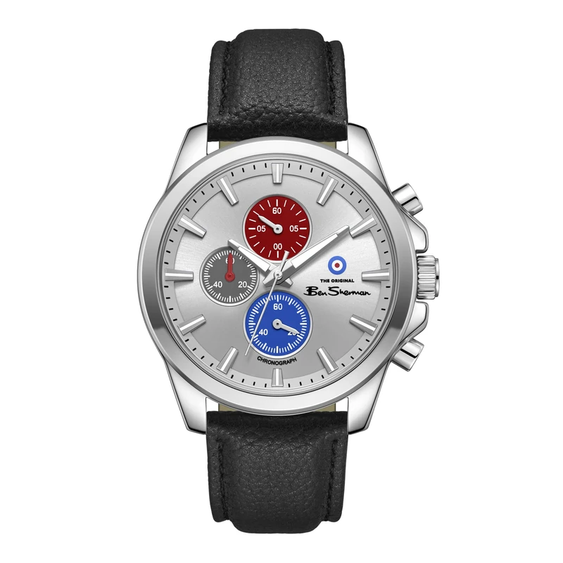 Ben Sherman Oxford Silver Dial Black Genuine Leather Strap Quartz Chronograph Watch for Men, Mineral Glass, 3 ATM, 44mm Case