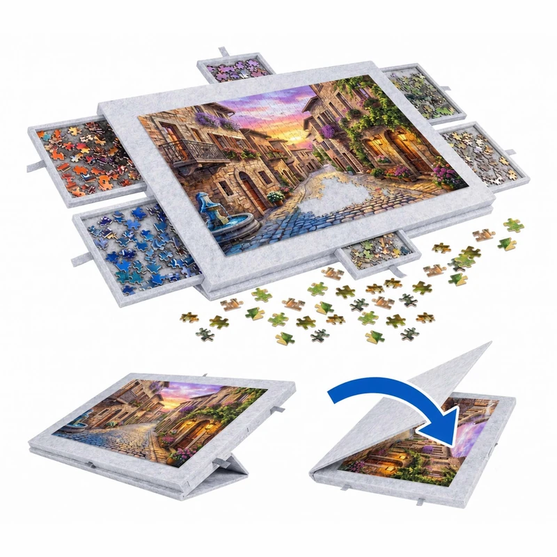 Relaxdays jigsaw board, 1000 pcs, 6 drawers, felt, light grey