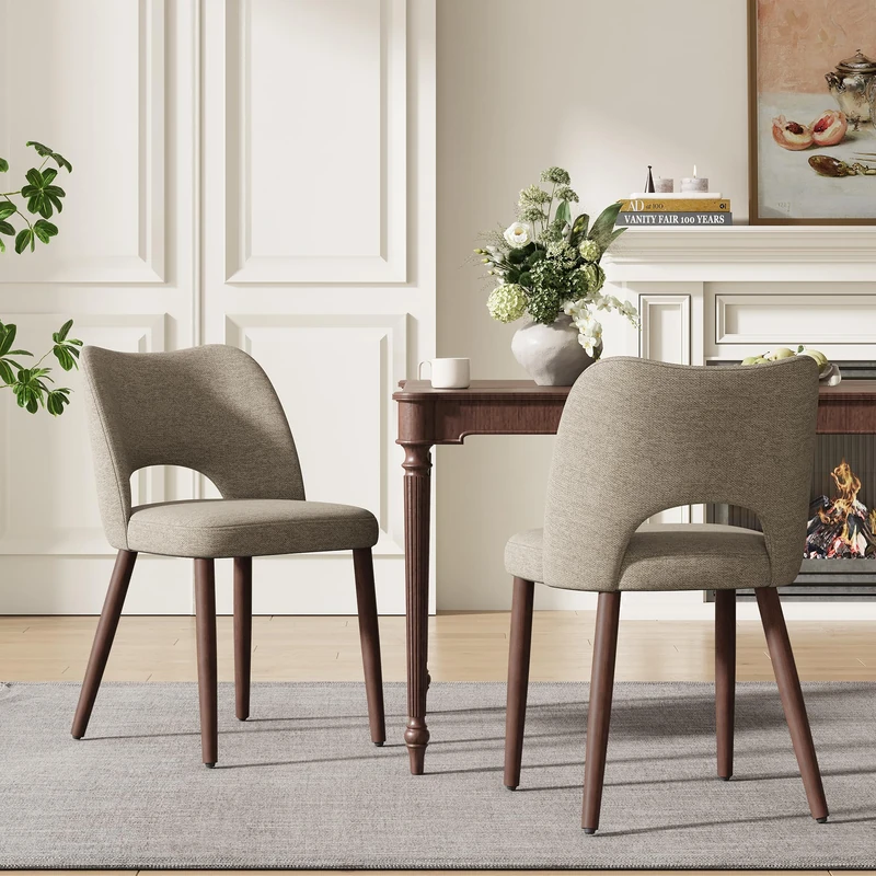 MALOL Upholstered Dining Chairs Set of 2, Fabric Chairs for Dining Room with Solid Wood Legs, Hollow Backrest and Thick Seat Cushion, Modern Kitchen Chair with Anti-Slip Pads, Coffee