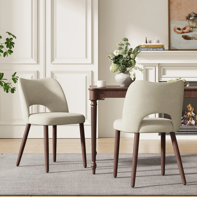 MALOL Upholstered Dining Chairs Set of 2, Fabric Chairs for Dining Room with Solid Wood Legs, Hollow Backrest and Thick Seat Cushion, Modern Kitchen Chair with Anti-Slip Pads, Light Camel