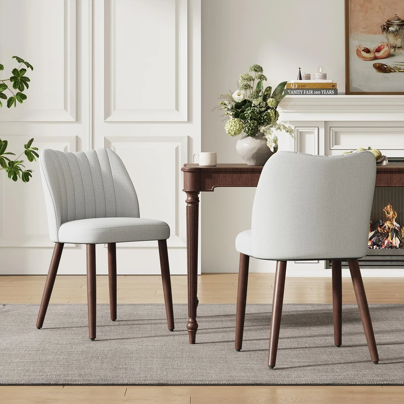 MALOL Upholstered Dining Chairs Set of 2, Fabric Chairs for Dining Room with Solid Wood Legs and Thick Seat Cushion, Modern Kitchen Chair with Anti-Slip Pads, Light Grey