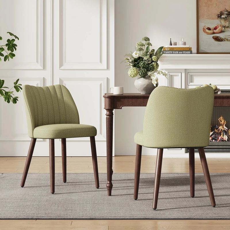 MALOL Upholstered Dining Chairs Set of 2, Fabric Chairs for Dining Room with Solid Wood Legs and Thick Seat Cushion, Modern Kitchen Chair with Anti-Slip Pads, Green