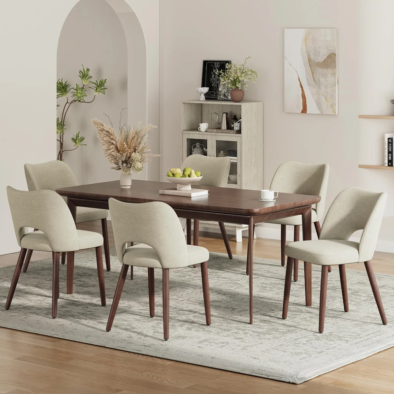 MALOL Upholstered Dining Chairs Set of 6, Fabric Chairs for Dining Room with Solid Wood Legs, Hollow Backrest and Thick Seat Cushion, Modern Kitchen Chair with Anti-Slip Pads, Light Camel - Image 1