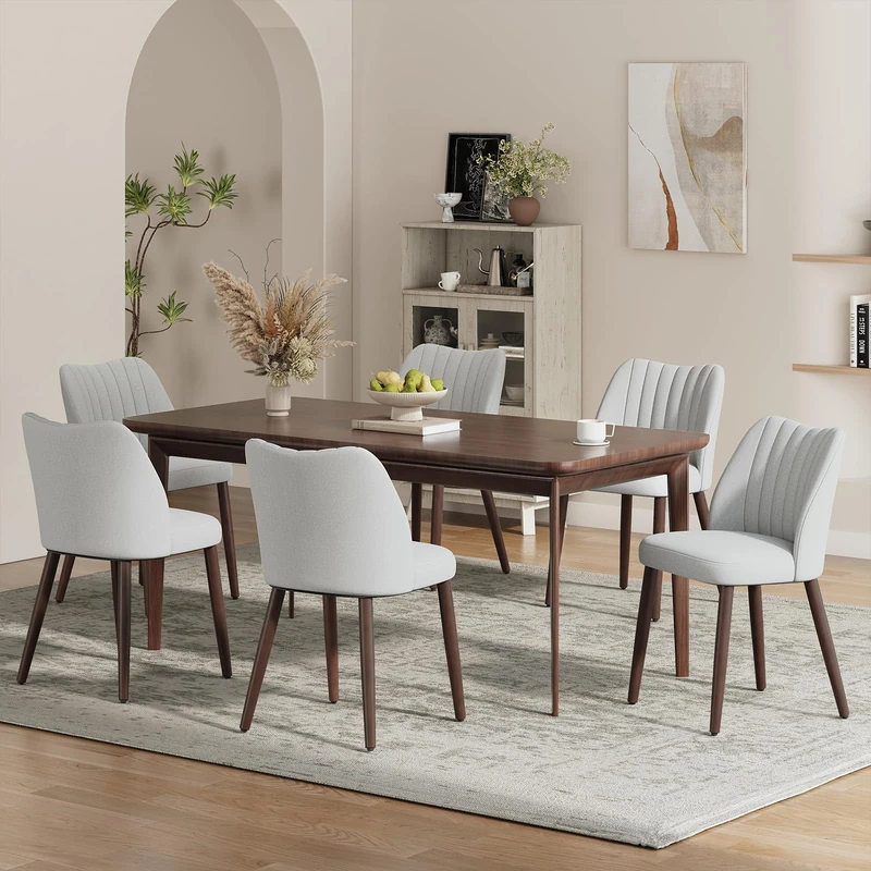 MALOL Upholstered Dining Chairs Set of 6, Fabric Chairs for Dining Room with Solid Wood Legs and Thick Seat Cushion, Modern Kitchen Chair with Anti-Slip Pads, Light Grey