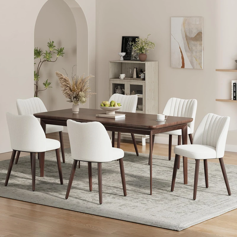 MALOL Upholstered Dining Chairs Set of 6, Fabric Chairs for Dining Room with Solid Wood Legs and Thick Seat Cushion, Modern Kitchen Chair with Anti-Slip Pads, Beige