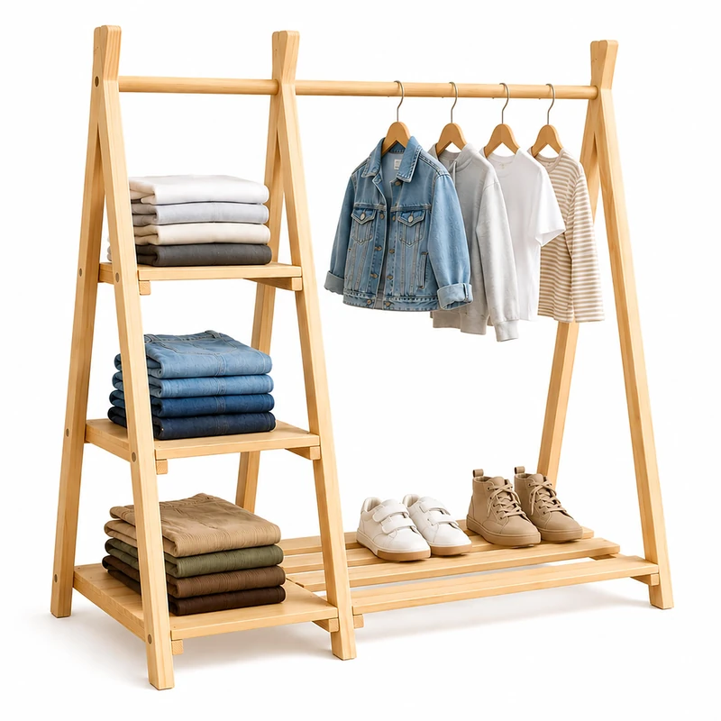 Relaxdays Children's Clothes Rail & Shelf, Pine, H x W x D: 111.5 x 112 x 48 cm, Children's Room, Natural - Image 1