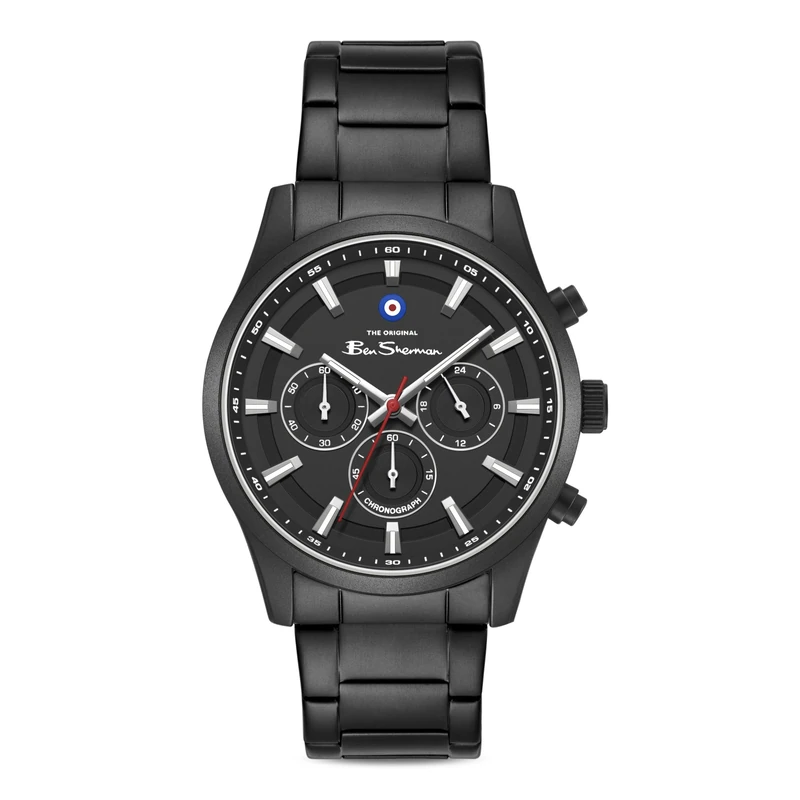 Ben Sherman Cambridge Black Dial Black Stainless Steel Bracelet Quartz Chronograph Watch for Men, Mineral Glass, 3 ATM, 42mm Case