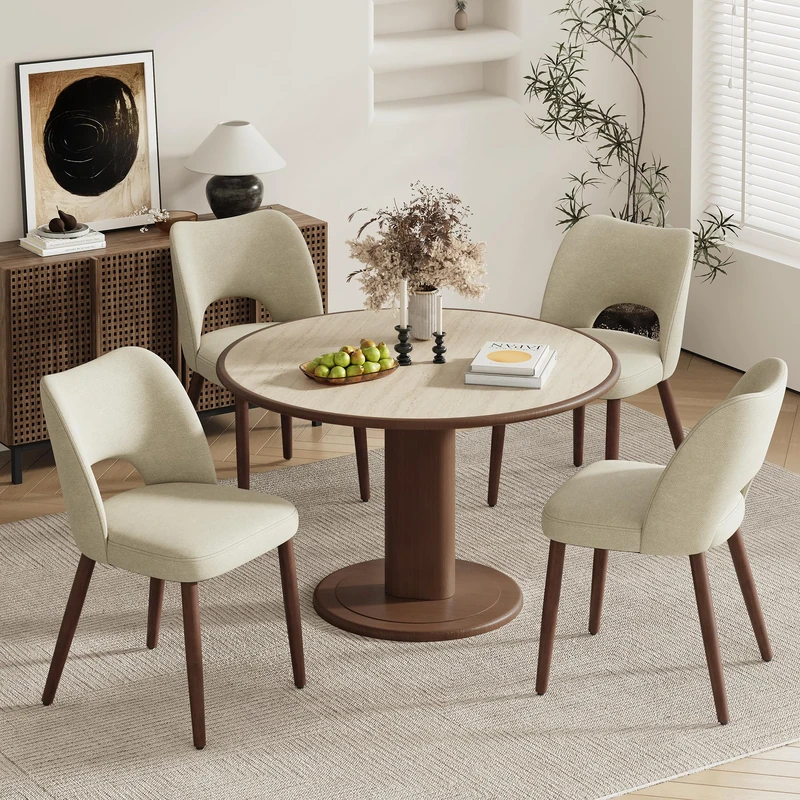 MALOL Upholstered Dining Chairs Set of 4, Fabric Chairs for Dining Room with Solid Wood Legs, Hollow Backrest and Thick Seat Cushion, Modern Kitchen Chair with Anti-Slip Pads, Light Camel