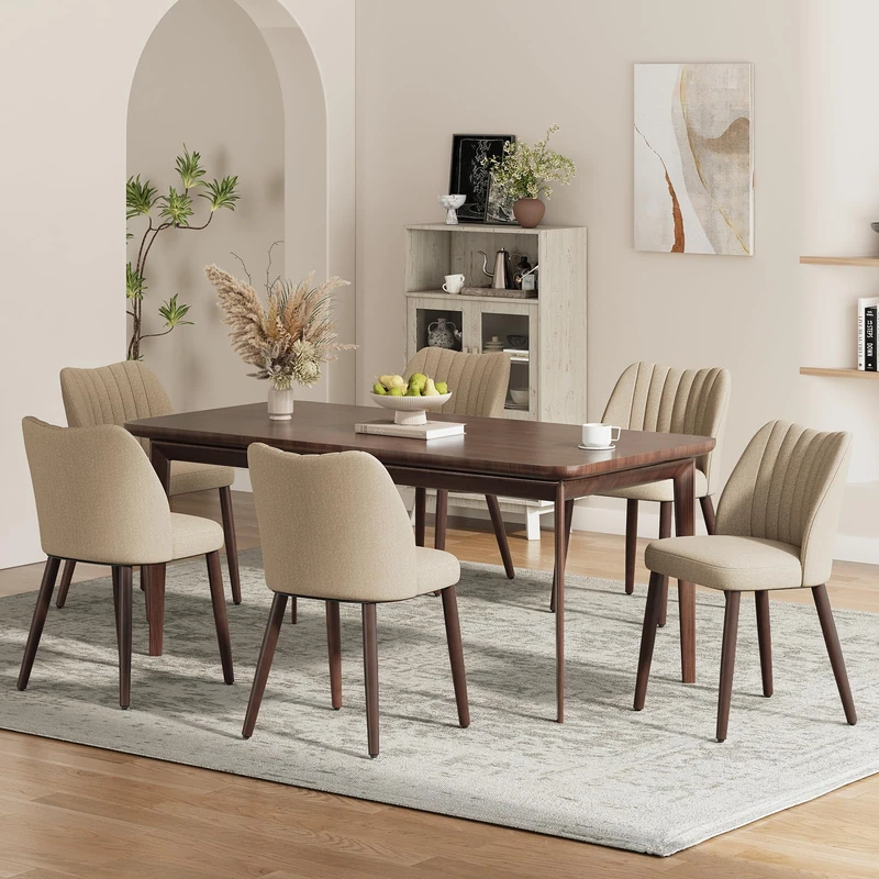 MALOL Upholstered Dining Chairs Set of 6, Fabric Chairs for Dining Room with Solid Wood Legs and Thick Seat Cushion, Modern Kitchen Chair with Anti-Slip Pads, Camel