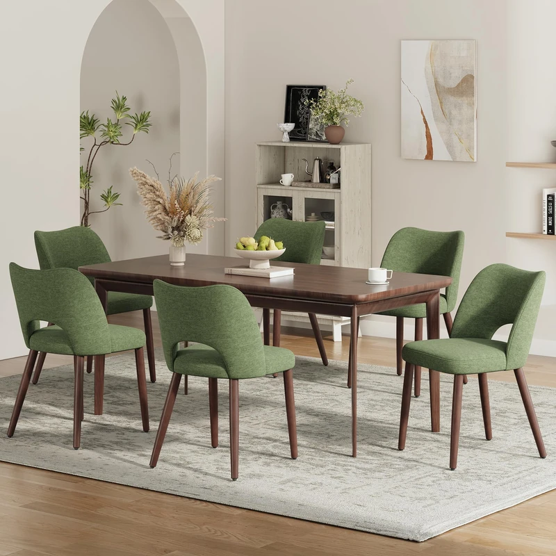 MALOL Upholstered Dining Chairs Set of 6, Fabric Chairs for Dining Room with Solid Wood Legs, Hollow Backrest and Thick Seat Cushion, Modern Kitchen Chair with Anti-Slip Pads, Green
