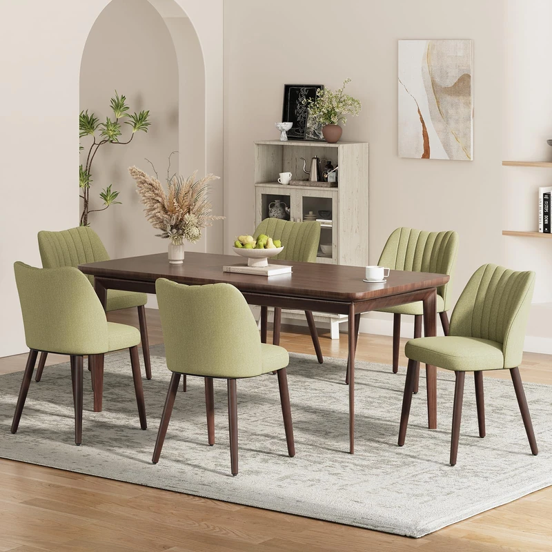 MALOL Upholstered Dining Chairs Set of 6, Fabric Chairs for Dining Room with Solid Wood Legs and Thick Seat Cushion, Modern Kitchen Chair with Anti-Slip Pads, Green