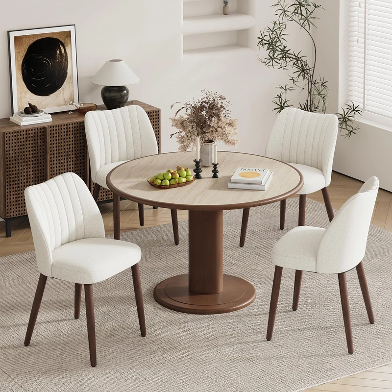 MALOL Upholstered Dining Chairs Set of 4, Fabric Chairs for Dining Room with Solid Wood Legs and Thick Seat Cushion, Modern Kitchen Chair with Anti-Slip Pads, Beige - Image 1