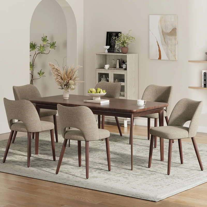 MALOL Upholstered Dining Chairs Set of 6, Fabric Chairs for Dining Room with Solid Wood Legs, Hollow Backrest and Thick Seat Cushion, Modern Kitchen Chair with Anti-Slip Pads, Coffee