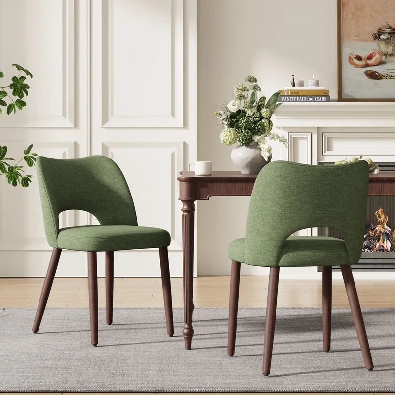 MALOL Upholstered Dining Chairs Set of 2, Fabric Chairs for Dining Room with Solid Wood Legs, Hollow Backrest and Thick Seat Cushion, Modern Kitchen Chair with Anti-Slip Pads, Green