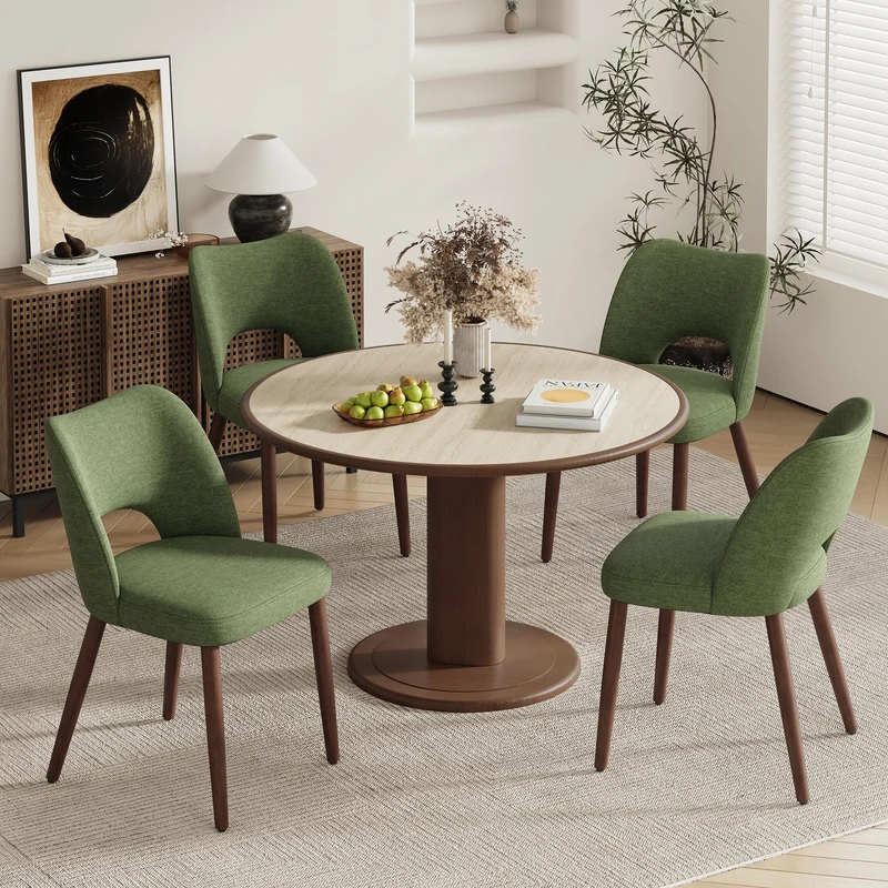 MALOL Upholstered Dining Chairs Set of 4, Fabric Chairs for Dining Room with Solid Wood Legs, Hollow Backrest and Thick Seat Cushion, Modern Kitchen Chair with Anti-Slip Pads, Green