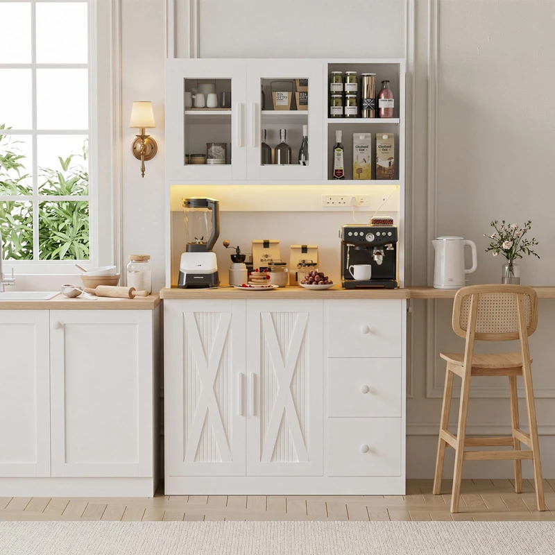 JUMMICO Tall Kitchen Cupboard,Sideboard Storage Cabinet with LED Light,Power Outlet, Adjustable Shelves and 3 Drawers,Modern Furniture for Kitchen Dining Living Room (White)