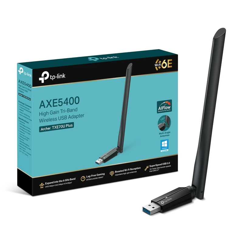 TP-Link Archer TXE70U Plus AXE5400 USB WiFi Dongle for PC, WiFi 6E Tri-Band USB WiFi Adapter with High-Gain Antenna, USB 3.0, OFDMA, MU-MIMO, WPA3 Security, Windows 11/10, Plug & Play