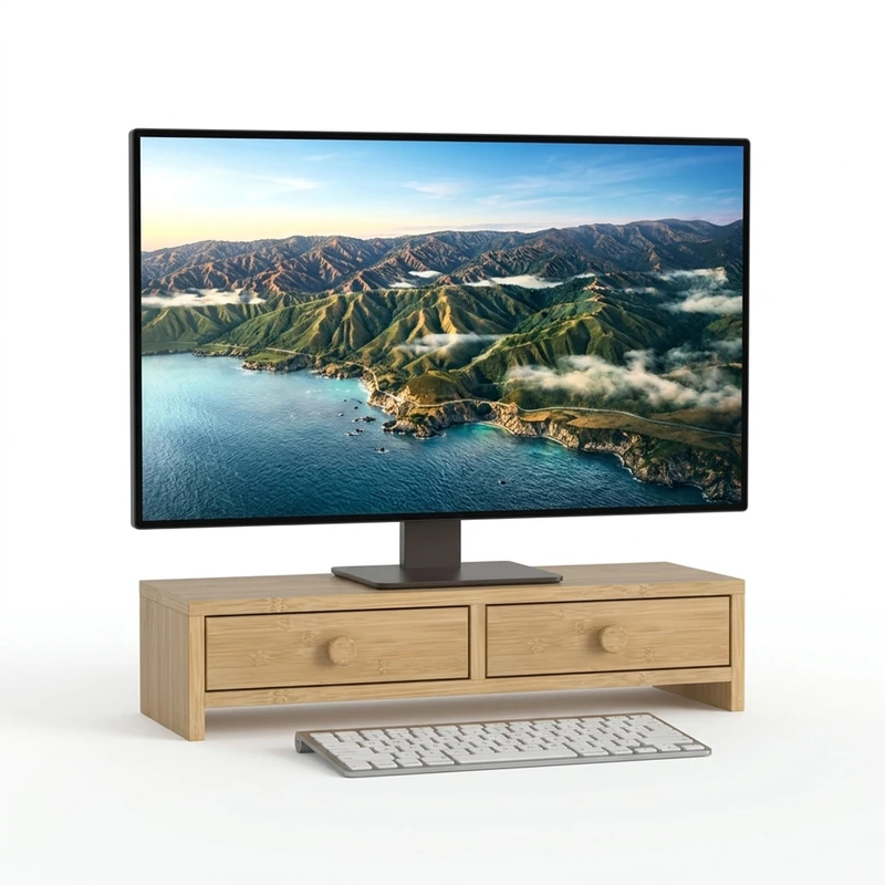 Relaxdays monitor stand, 2 drawers, HxWxD: 12.5 x 47 x 18 cm, MDF, natural