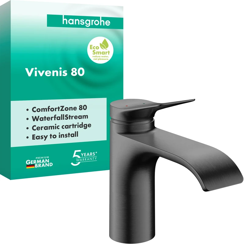 hansgrohe Vivenis Bathroom Sink Tap Without Waste, Brushed Black Chrome