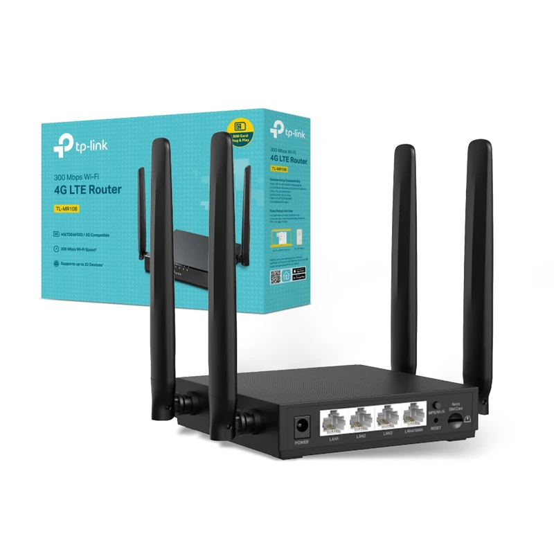 TP-Link TL-MR108 4G LTE WiFi Router, 300Mbps Unlocked 4G Router with SIM Card Slot, Plug & Play, 4 Antennas, Connect up to 32 Devices, Better Signal & Broader Coverage for Home, Office, Travel
