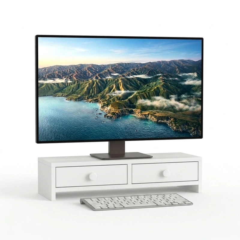 Relaxdays monitor stand, 2 drawers, HxWxD: 12.5 x 47 x 18 cm, MDF, white