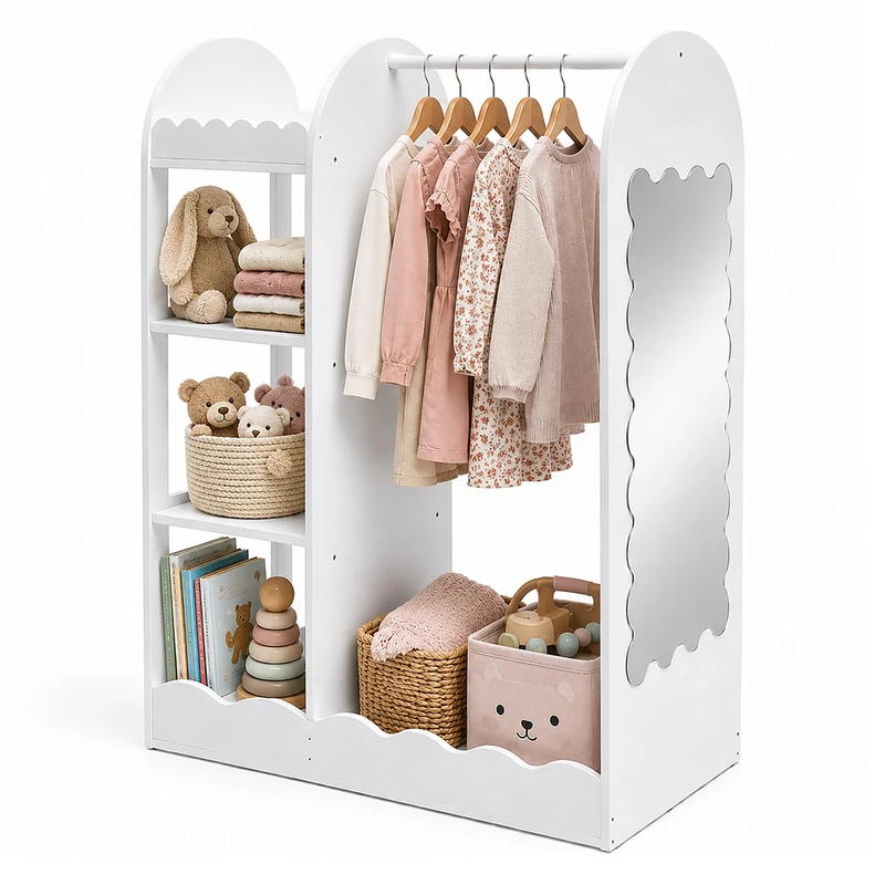 Relaxdays Children's Clothes Rack, Mirror, 5 Compartments, Clothes Rail, HxWxD 100 x 94 x 38 cm, White - Image 1
