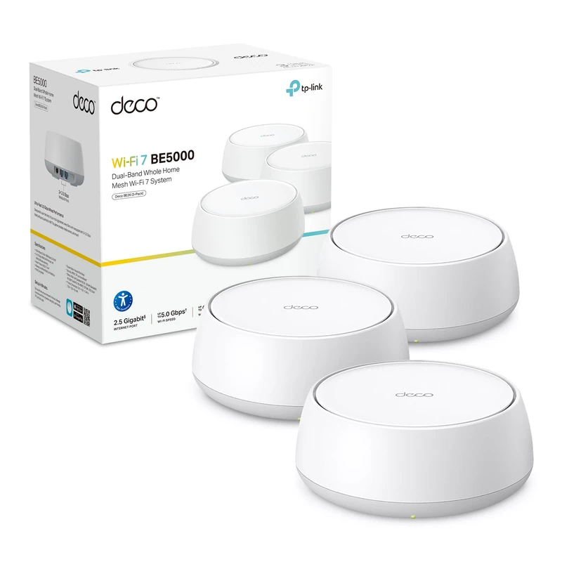 TP-Link Deco BE26 (3-Pack) BE5000 Dual-Band Mesh WiFi 7 System, Whole Home Coverage, Connects 150+ Devices, 2.5 Gbps Port, AI Seamless Roaming, HomeShield Security, Alexa Compatible, Easy Setup