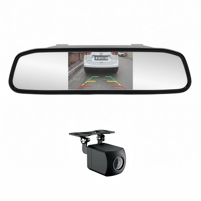 PNI Escort P20 wireless parking system with 4.3 inch LCD display integrated in the rearview mirror and 480P rearview camera, 110 degree angle - Image 1