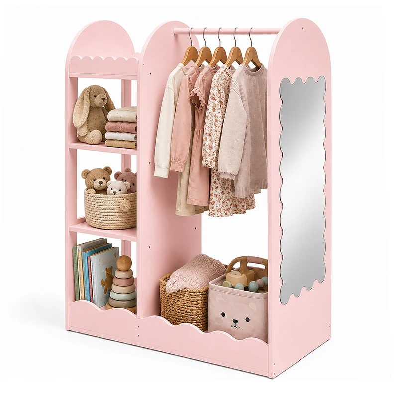 Relaxdays Kids Wardrobe Stand, Mirror, 5 Shelves, Coat Rail, HxWxD 100 x 94 x 38 cm, Pink - Image 1