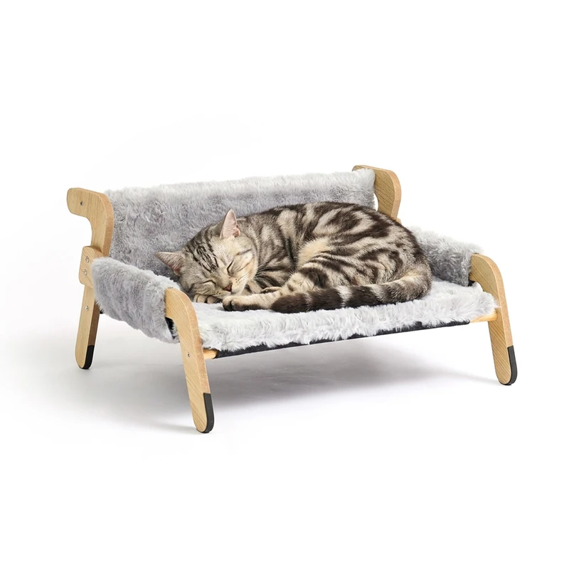 Relaxdays Fluffy Cat Bed, Raised Cat Hammock, Grey/Natural