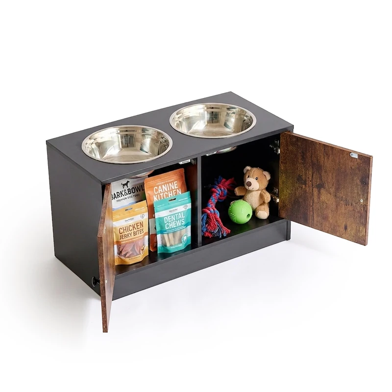 Relaxdays Dog Feeding Station, 2 bowls, storage space, black/brown