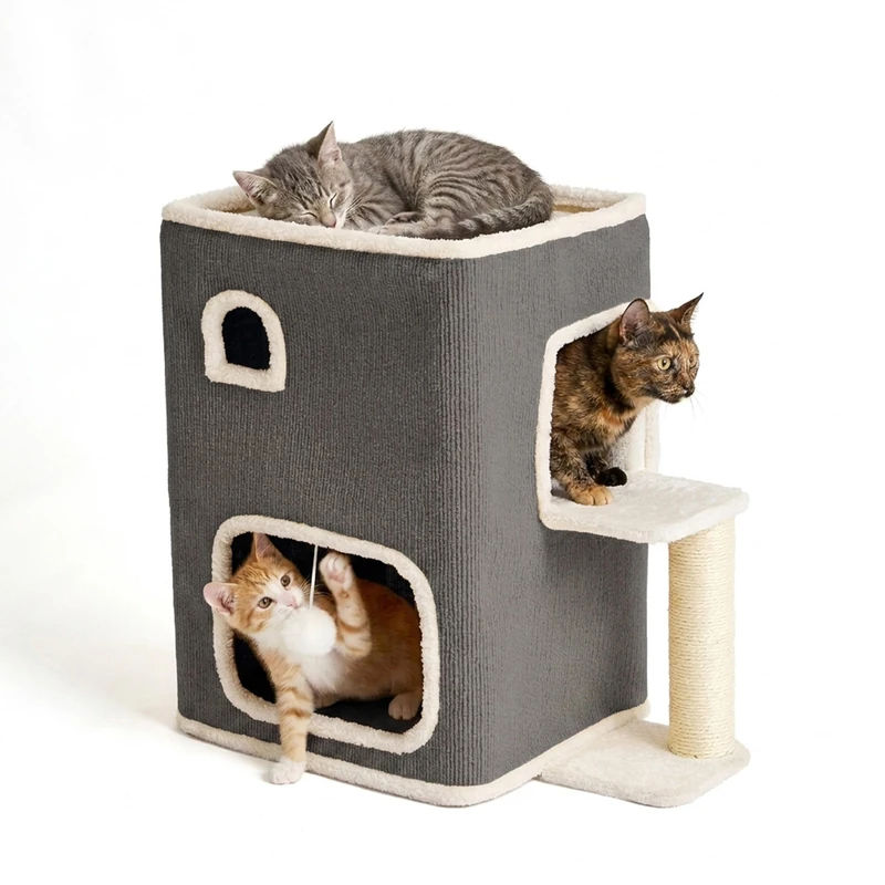 Relaxdays 2-storey cat house, cat den with ball & scratching post, grey