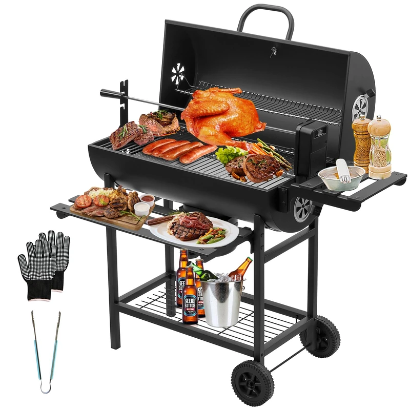DEWINNER BBQ Charcoal Grill, Chicken Roaster,Outdoor Smoker with Temp Gauge, Air Vents, Foldable Shelves, Warming Rack, Mobile Wheels, Grill Gloves & Meat Clips for Patio Camping - Image 1