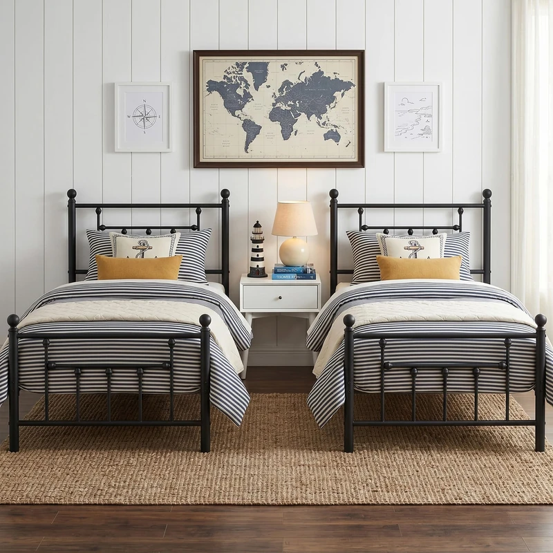 VECELO 3ft Single Bed Frame Set of 2, Metal Platform with Victorian Style Headboard, Heavy Duty Steel Slat Support, No Box Spring Needed Mattress Foundation, Underbed Storage Space, Easy Assemble