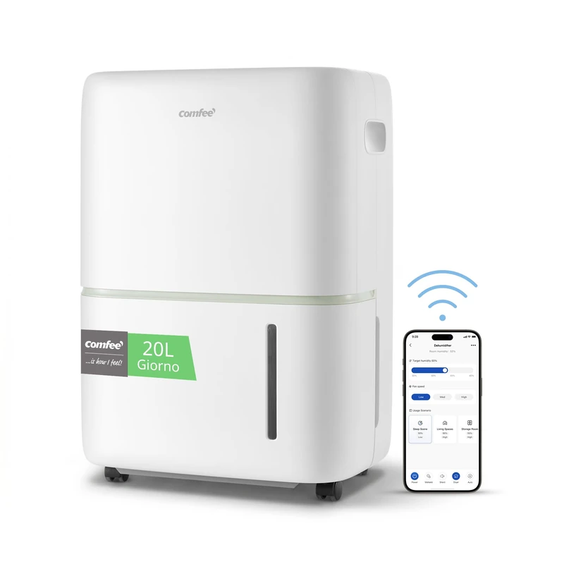 COMFEE' 20L/DAY Dehumidifier for Home with 5L Water Tank, Low Noise Level, Laundry Drying, Drain Hose, and Continuous Drainage, Smart Dry Model, Ideal for Bedroom, Bathroom, Attic, Basement